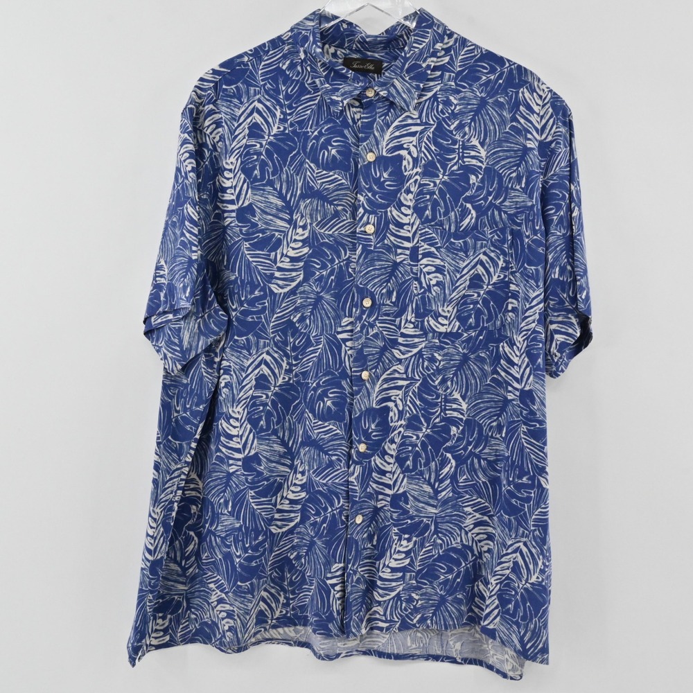 Tasso Elba Island Silk Blend Button Down Shirt Mens Size XXL Blue Palm Leaf Silk